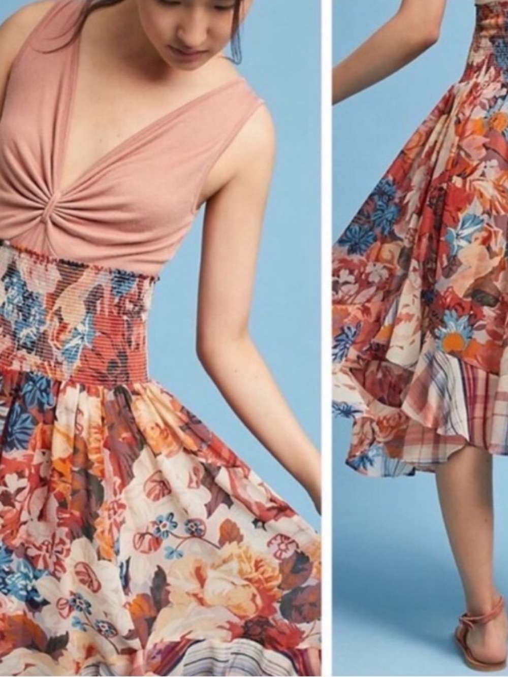 Akemi‎ + Kin Anthropologie Smocked Patchwork Floral Handkerchief Midi Skirt XS